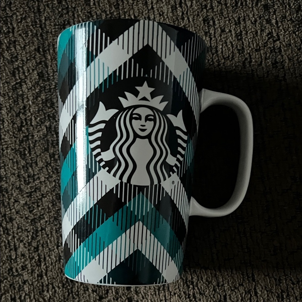 Starbucks 2015 Plaid Pattern Ceramic Coffee Mug 16oz Teal Black
